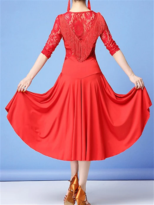 Women's Dancewear Latin Dance Dress Lace Fringed Split Joint Tassel Training Performance 3/4 Length Sleeve High Lace - Image 2