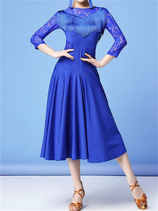 Women's Dancewear Latin Dance Dress Lace Fringed Split Joint Tassel Training Performance 3/4 Length Sleeve High Lace - Image 3