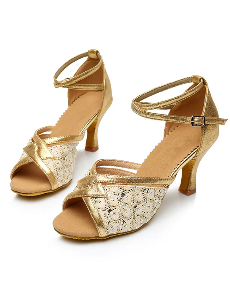 Women's Dancewear Shoes Peep Toe Ankle Strap Heel Glitter Latin Shoes - Image 6