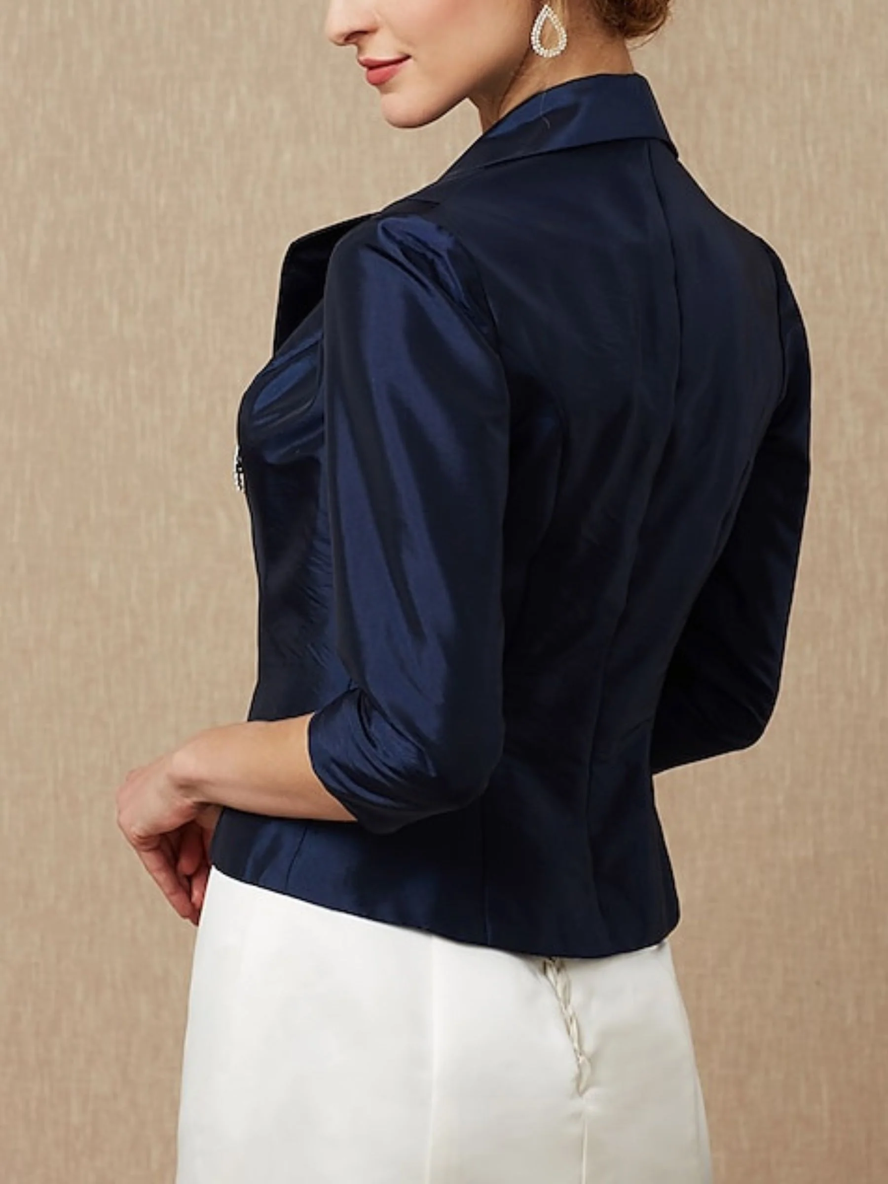 Women's Dark Navy Taffeta 3/4 Sleeve Elegant Bolero Coats / Jackets with Rhinestone - Image 3