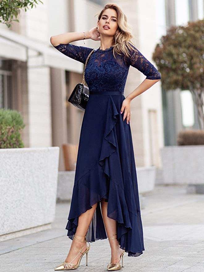 Women's Elegant Floral Lace Ruffle Bridesmaid Maxi Dress - Image 3