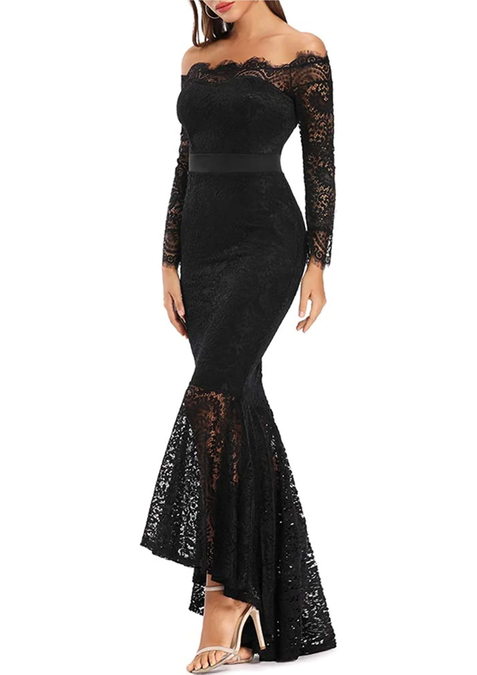 Women's Floral Lace Long Sleeve Off Shoulder Wedding Mermaid Dress - Image 3