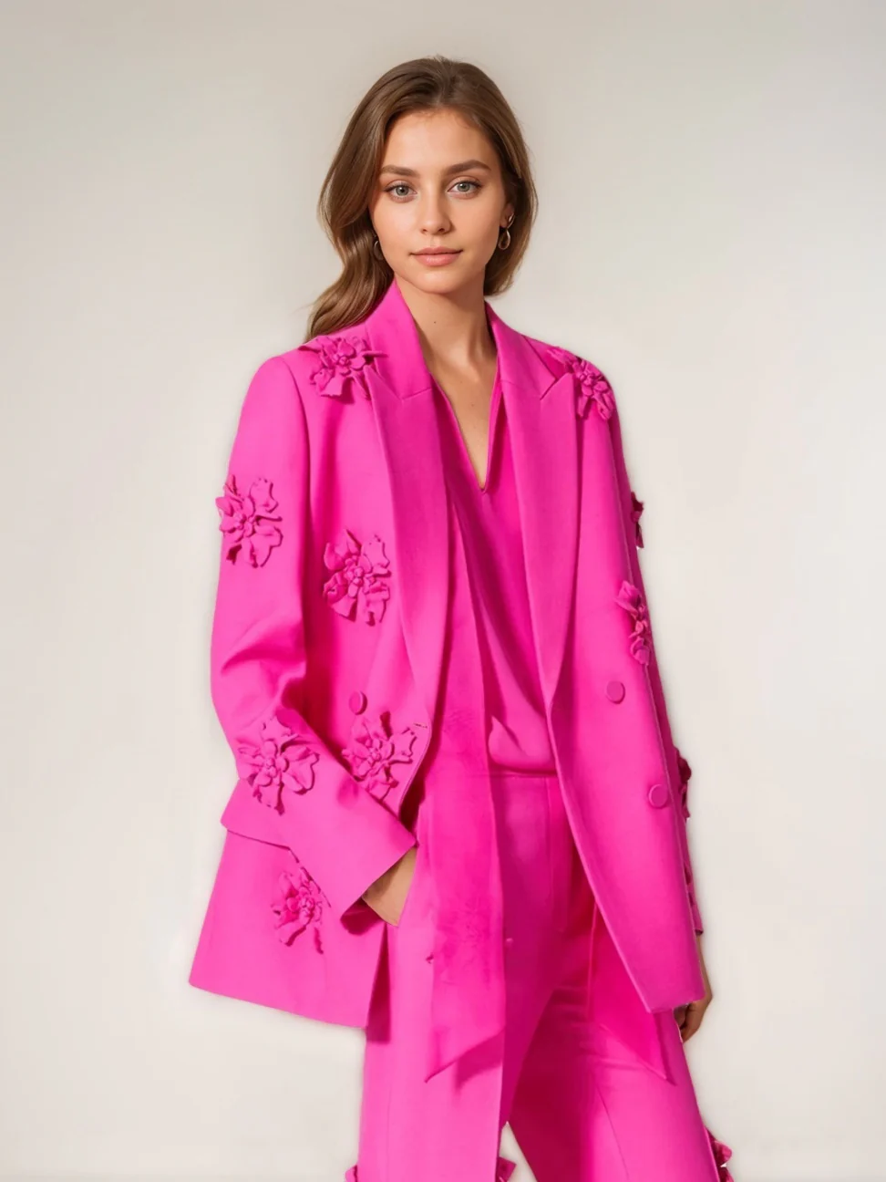 Women's Fuchsia Double Breated Peak Lapel Blazer with Flowers