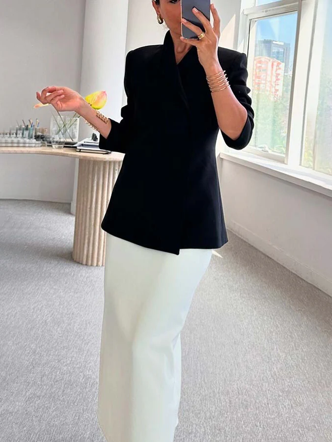 Women's High Neck Single Breasted One-button Solid Color Blazer - Image 4