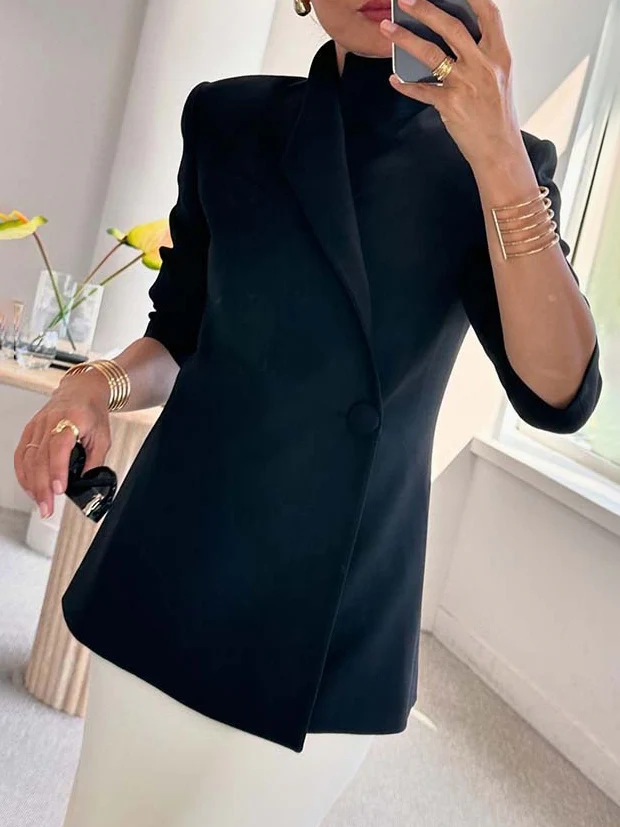 Women's High Neck Single Breasted One-button Solid Color Blazer - Image 5