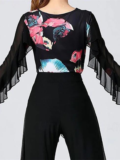 Women's Latin Dance Ballroom Dance Long Sleeve High Polyester Splicing Tulle Women's Performance - Image 3