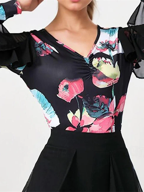 Women's Latin Dance Ballroom Dance Long Sleeve High Polyester Splicing Tulle Women's Performance - Image 4