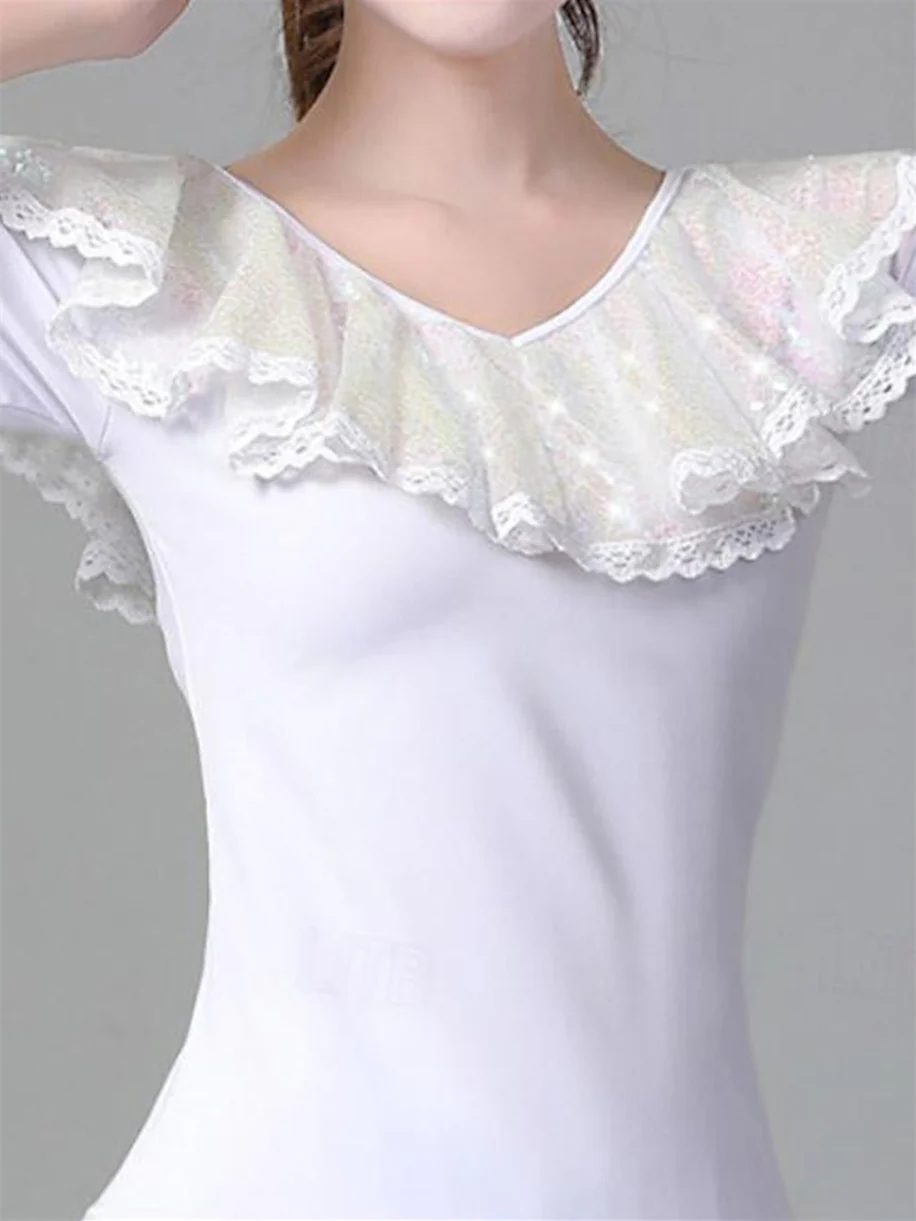 Women's Latin Dance Ballroom Dance Short Sleeve High Polyester Splicing Tulle Women's Performance - Image 5