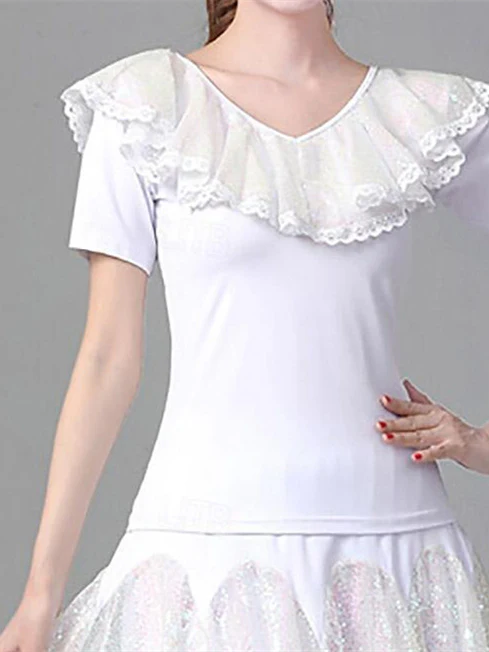 Women's Latin Dance Ballroom Dance Short Sleeve High Polyester Splicing Tulle Women's Performance - Image 6