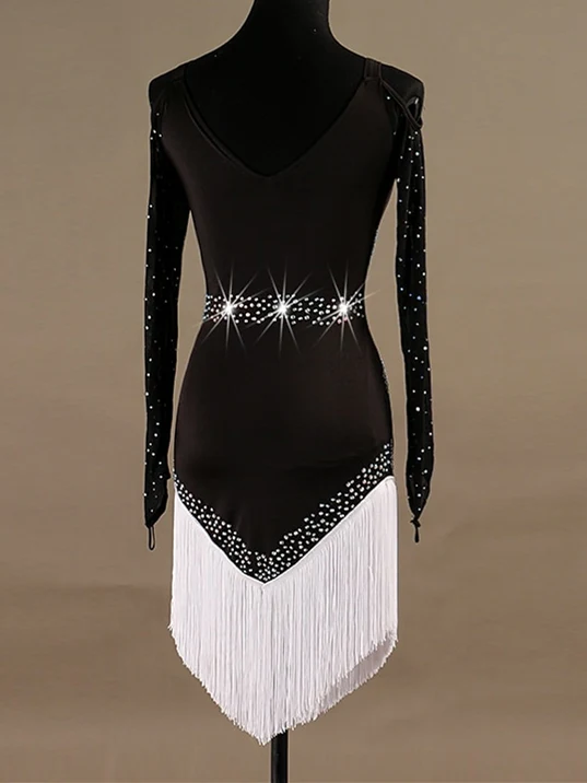 Women's Latin Dance Dress Crystals / Rhinestones Women‘s Training Long Sleeve High Spandex Tulle - Image 3