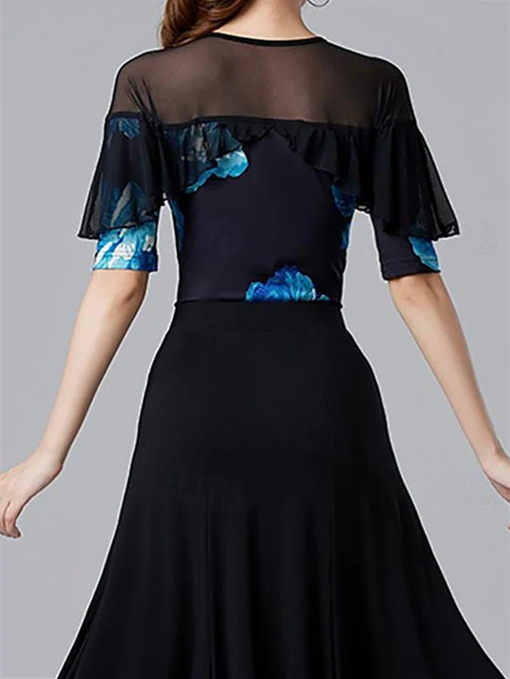 Women's Latin Dance Top Printing Tulle Splicing   Performance Training High Half Sleeve - Image 2