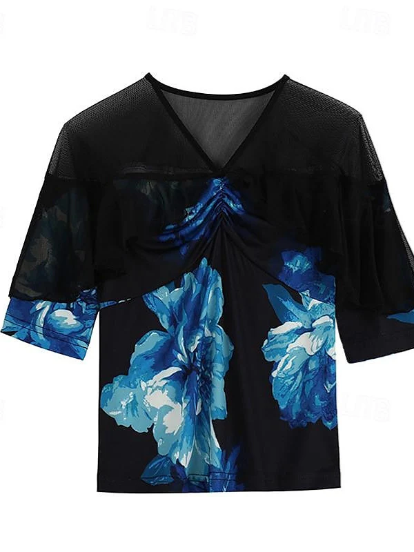 Women's Latin Dance Top Printing Tulle Splicing   Performance Training High Half Sleeve - Image 3