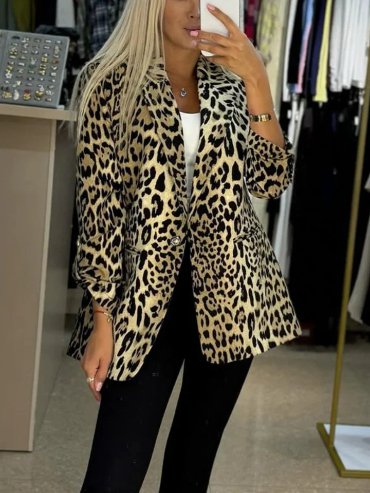 Women's Notched Lapel Single Breasted One-button Leopard Print Blazer - Image 2