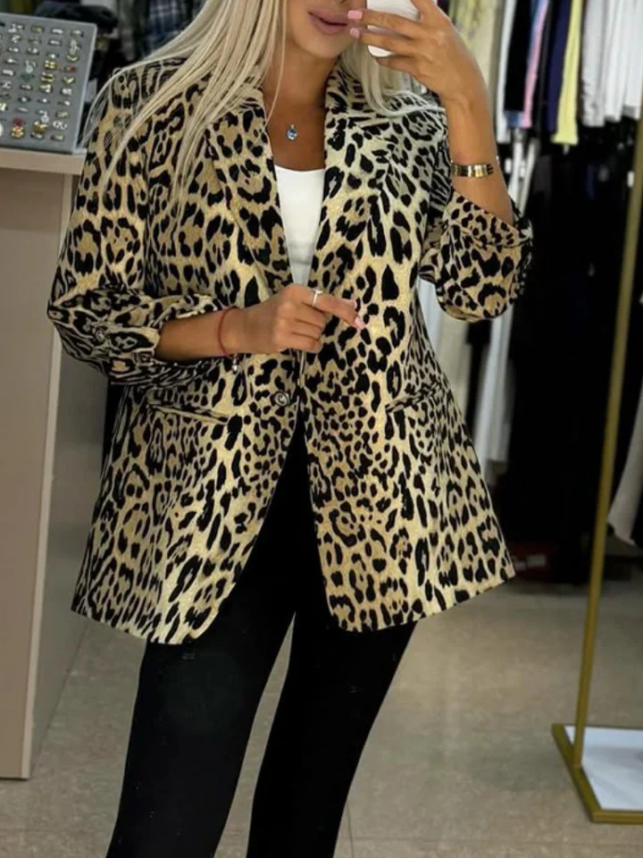 Women's Notched Lapel Single Breasted One-button Leopard Print Blazer - Image 3