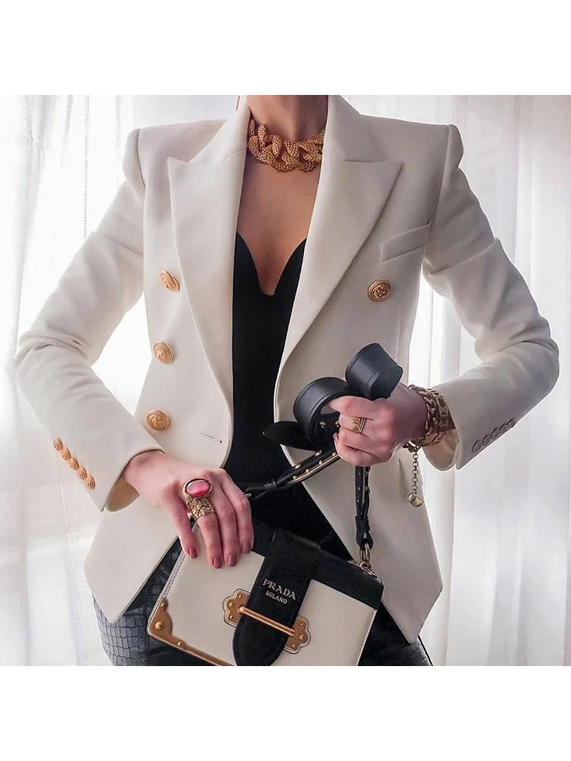 Women's Peaked Lapel Double-breasted Six-button Blazer with Pockets - Image 5
