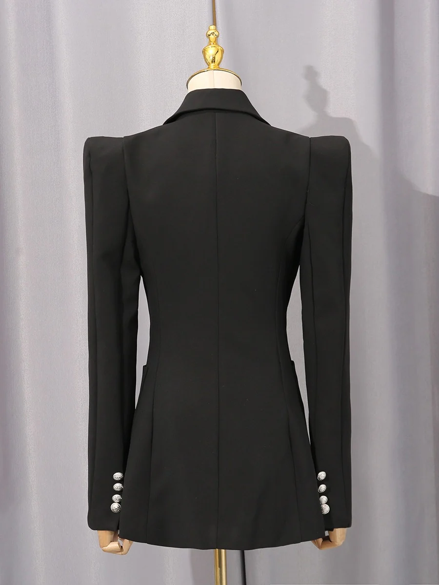 Women's Peaked Lapel Double-breasted Six-button Long Sleeves Blazer with Pockets - Image 2