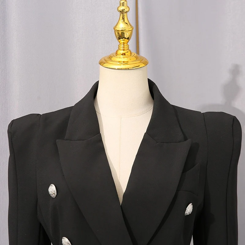 Women's Peaked Lapel Double-breasted Six-button Long Sleeves Blazer with Pockets - Image 3