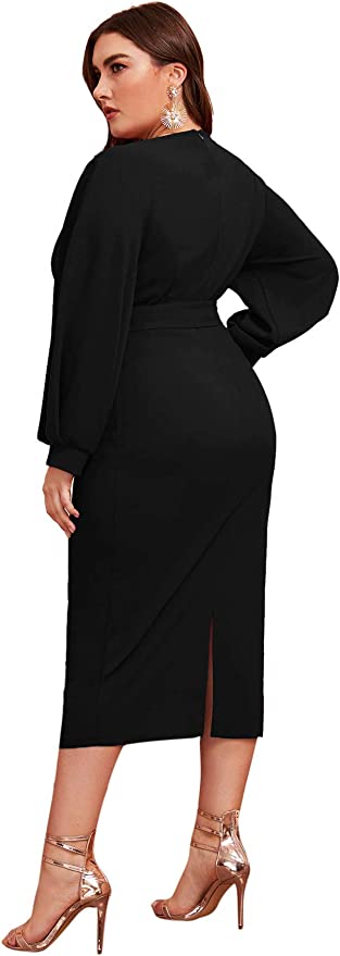 Women's Plus Size V Neck Lantern Sleeve Midi Belted Bodycon Dress - Image 3