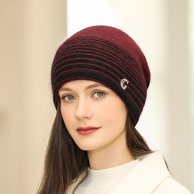 Women's Slouchy Portable Windproof Comfort Outdoor Home Daily Knit Stripe Letter Hat - Image 2