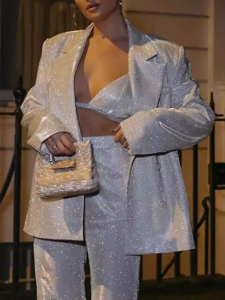 Women's Sparkly 3 Pieces Notched Lapel Single Breasted Two-button Suits - Image 3