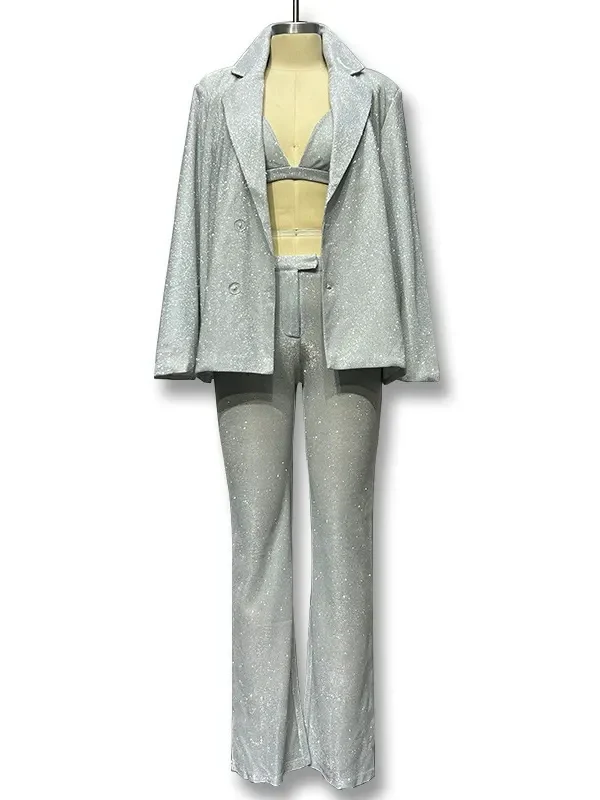 Women's Sparkly 3 Pieces Notched Lapel Single Breasted Two-button Suits - Image 4