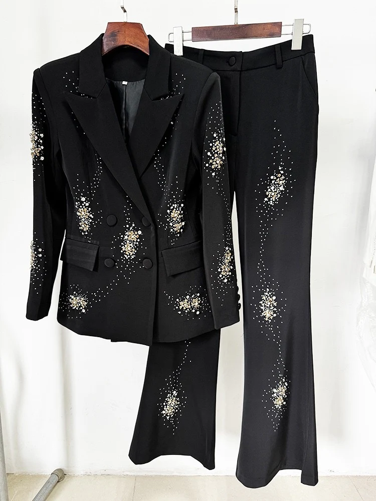 Women's Sparkly Black Double-Breasted Peak Lapel Suits - Image 3