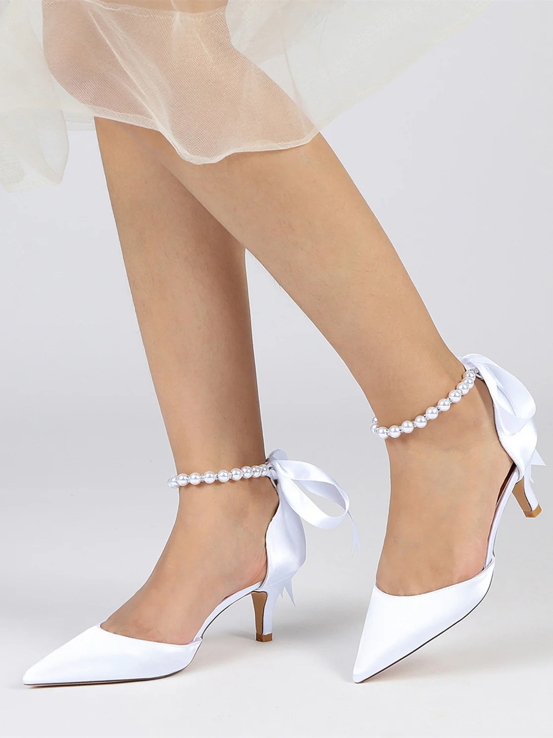 Women's Wedding Beadings Mid Heel Pointed Toe Bridal Shoes - Image 4