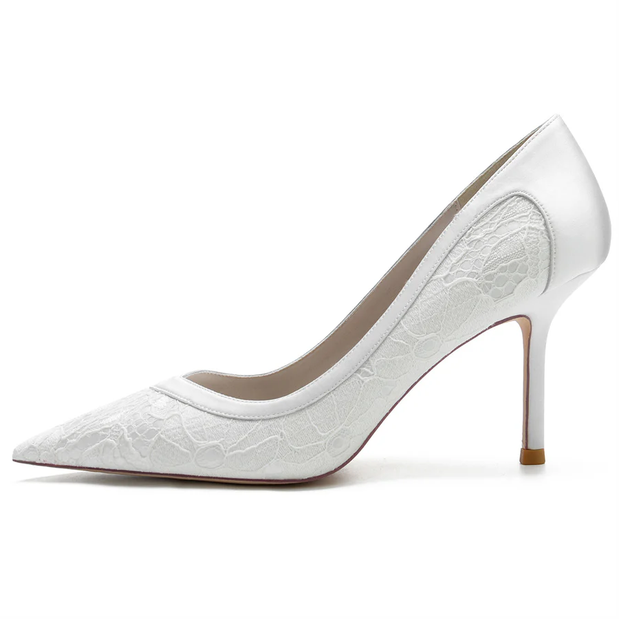 Women's Wedding Elegant Pointed Toe High Heel Minimalist Lace Bridal Shoes - Image 4