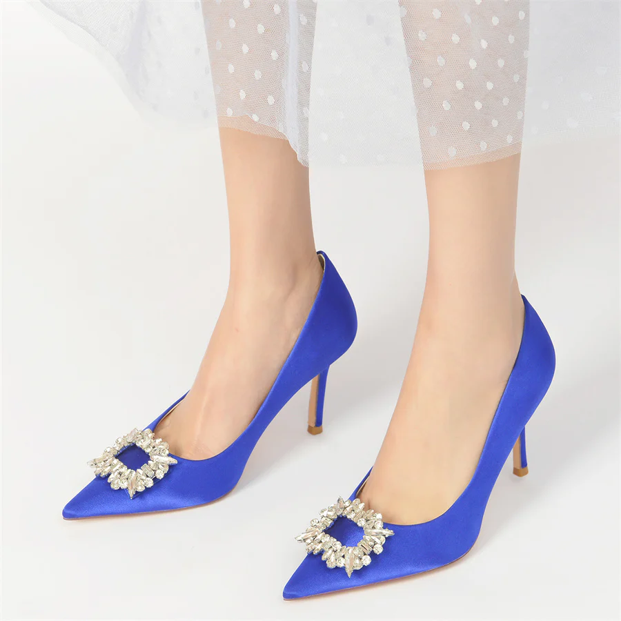 Women's Wedding High Heel Pointed Toe Bridal Shoes with Square Rhinestones - Image 2