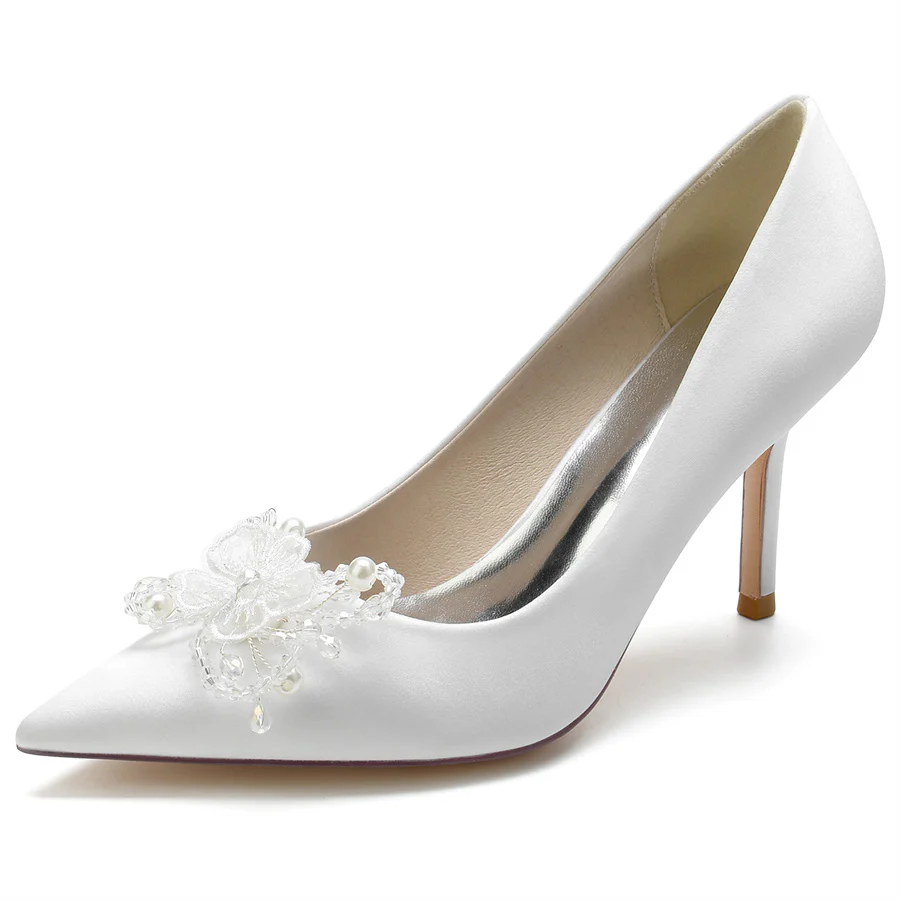 Women's Wedding Pointed Toe Elegant Stiletto Heel Bridal Shoes with Pearls & Flower - Image 5