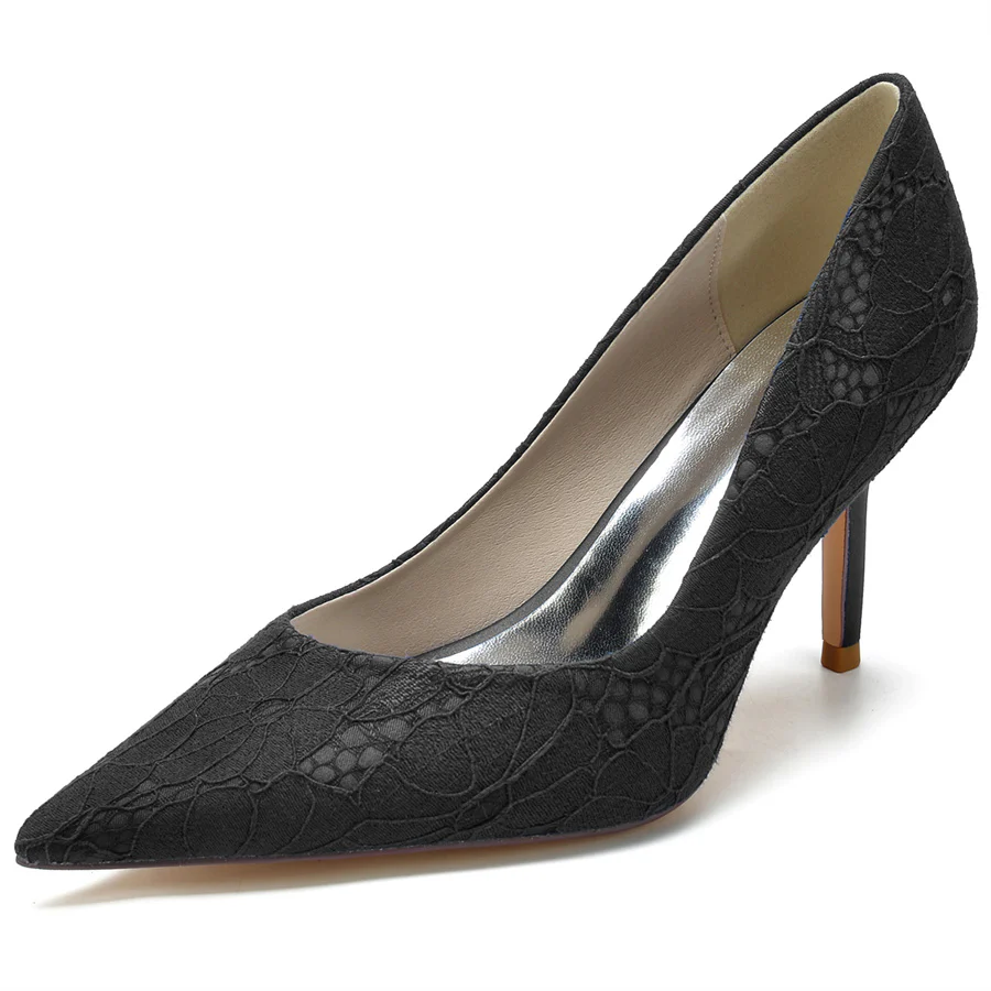 Women's Wedding Pointed Toe Minimalist Stiletto Heel Lace Bridal Shoes - Image 8