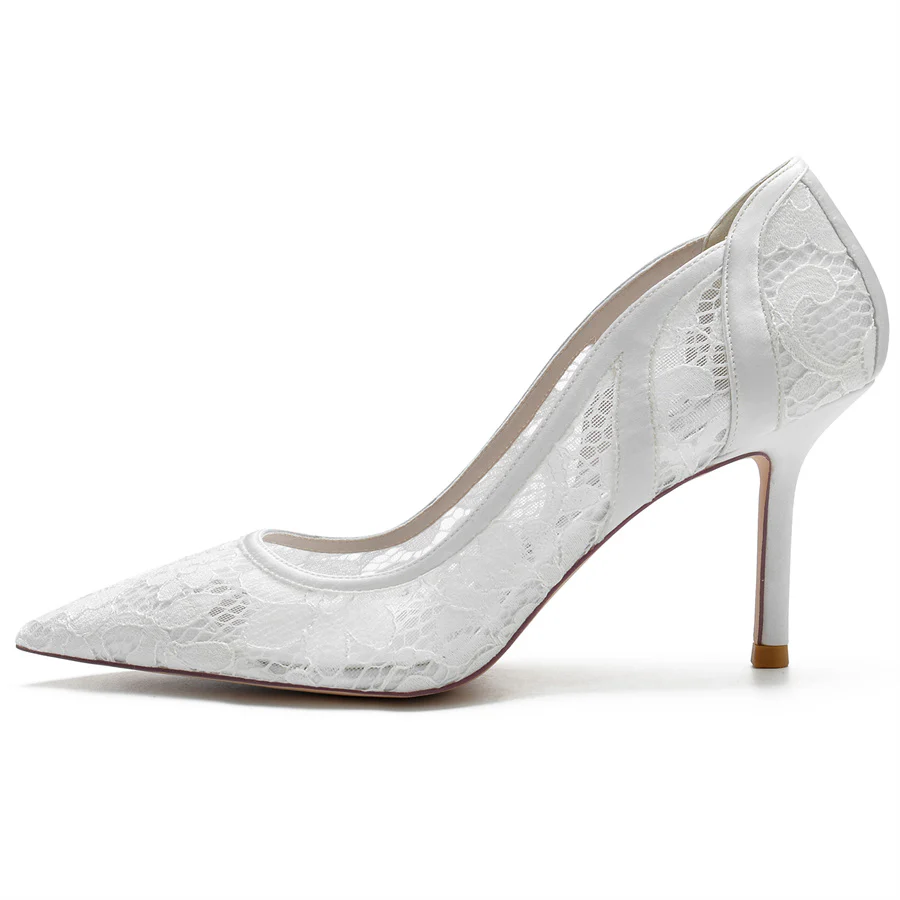Women's Wedding Pointed Toe Minimalist Stiletto Heel Lace Bridal Shoes - Image 4
