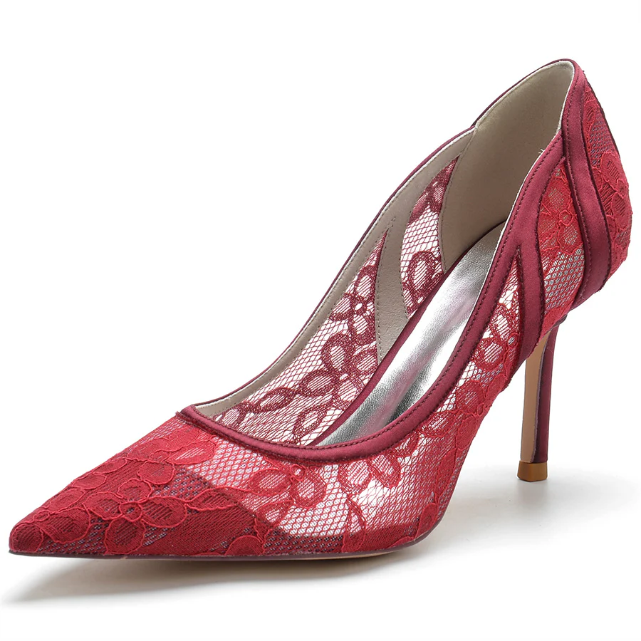 Women's Wedding Pointed Toe Minimalist Stiletto Heel Lace Bridal Shoes - Image 5