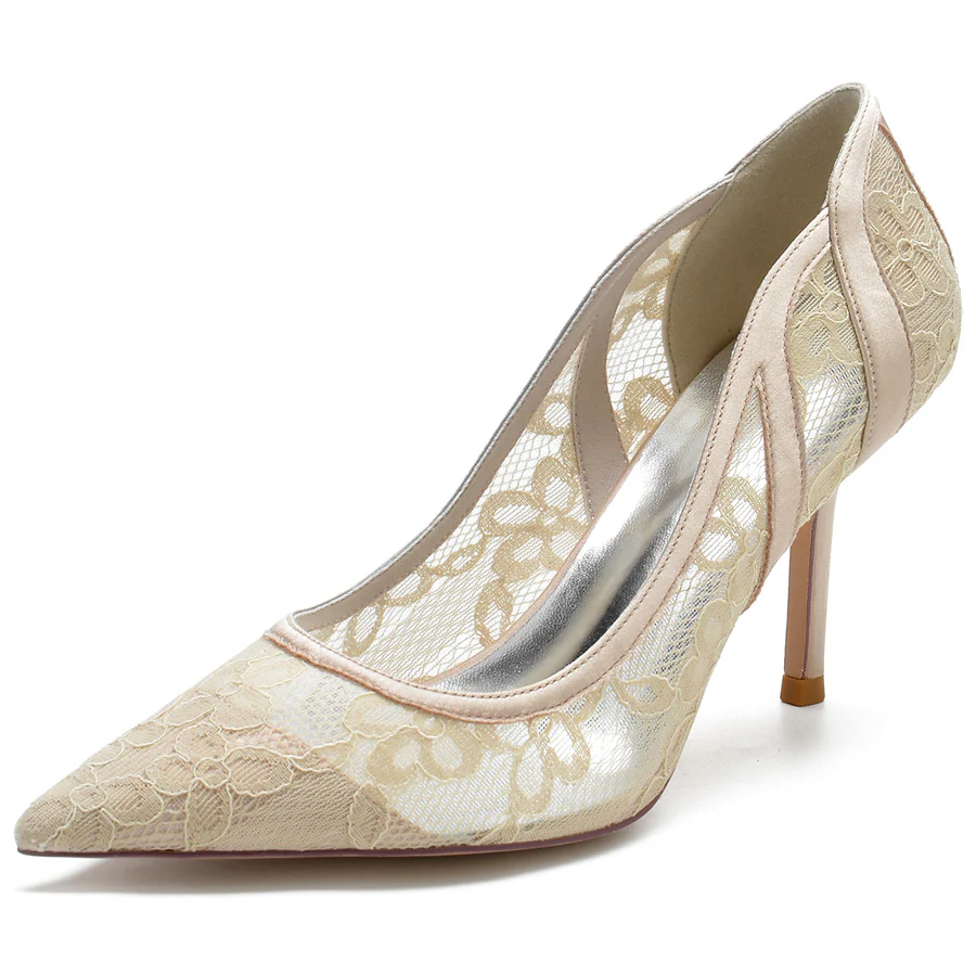 Women's Wedding Pointed Toe Minimalist Stiletto Heel Lace Bridal Shoes - Image 7