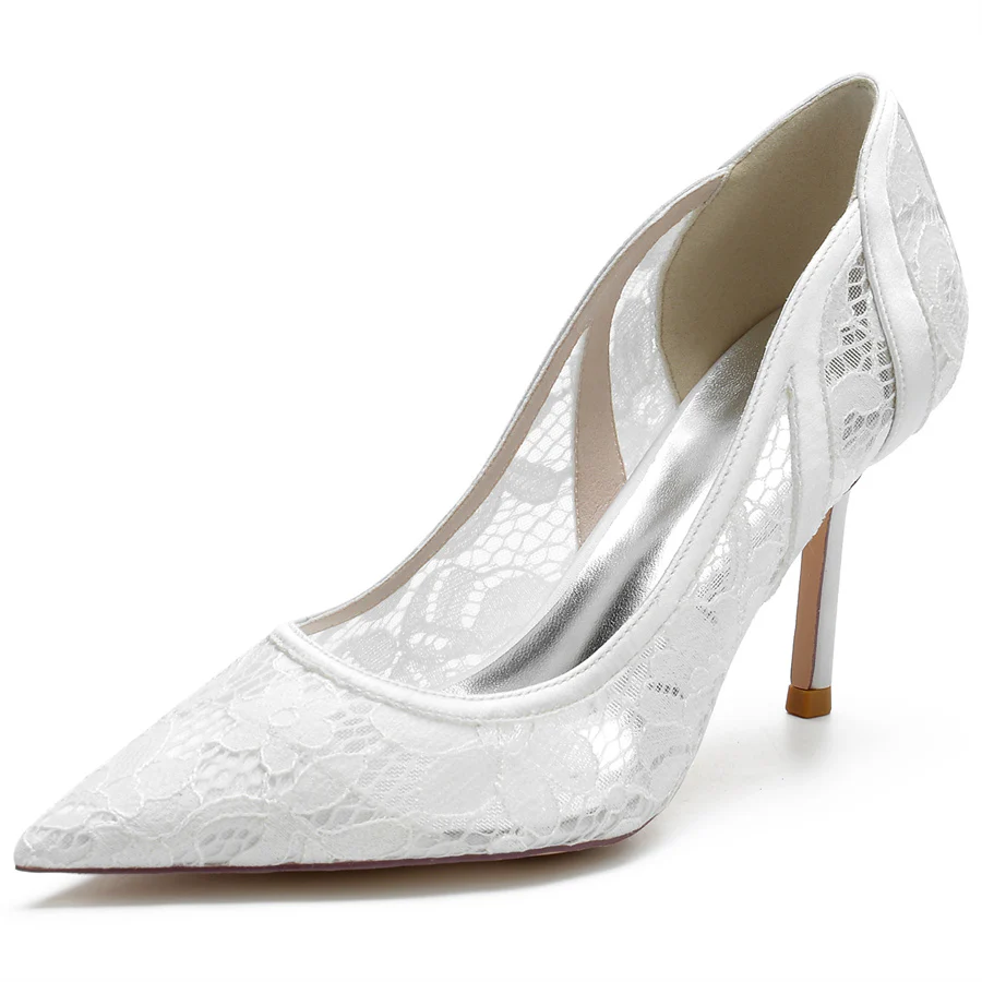 Women's Wedding Pointed Toe Minimalist Stiletto Heel Lace Bridal Shoes - Image 8