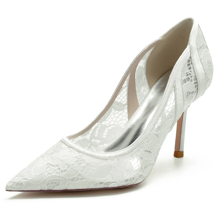 Women's Wedding Pointed Toe Minimalist Stiletto Heel Lace Bridal Shoes - Image 9