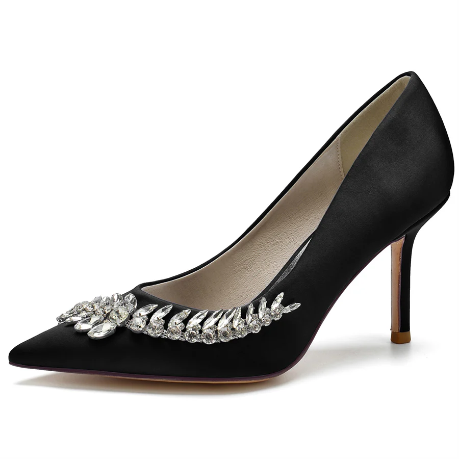 Women's Wedding Pointed Toe Silk Satin Stiletto Heel Bridal Shoes with Long Rhinestones - Image 6