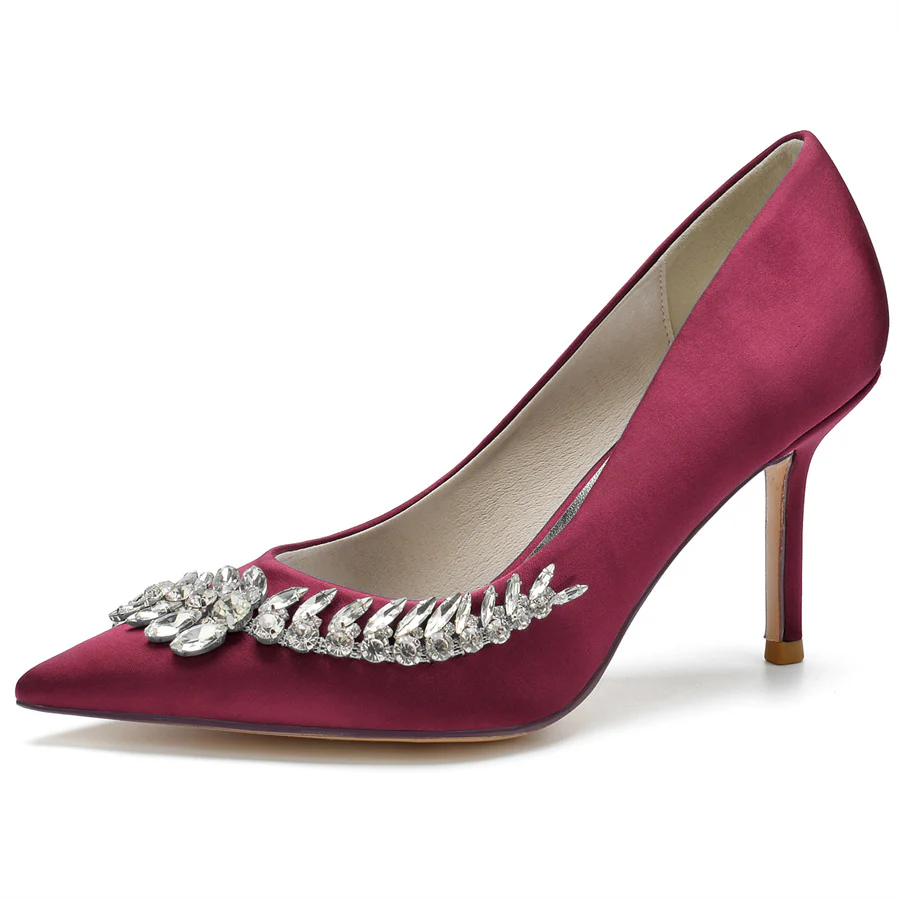 Women's Wedding Pointed Toe Silk Satin Stiletto Heel Bridal Shoes with Long Rhinestones - Image 7