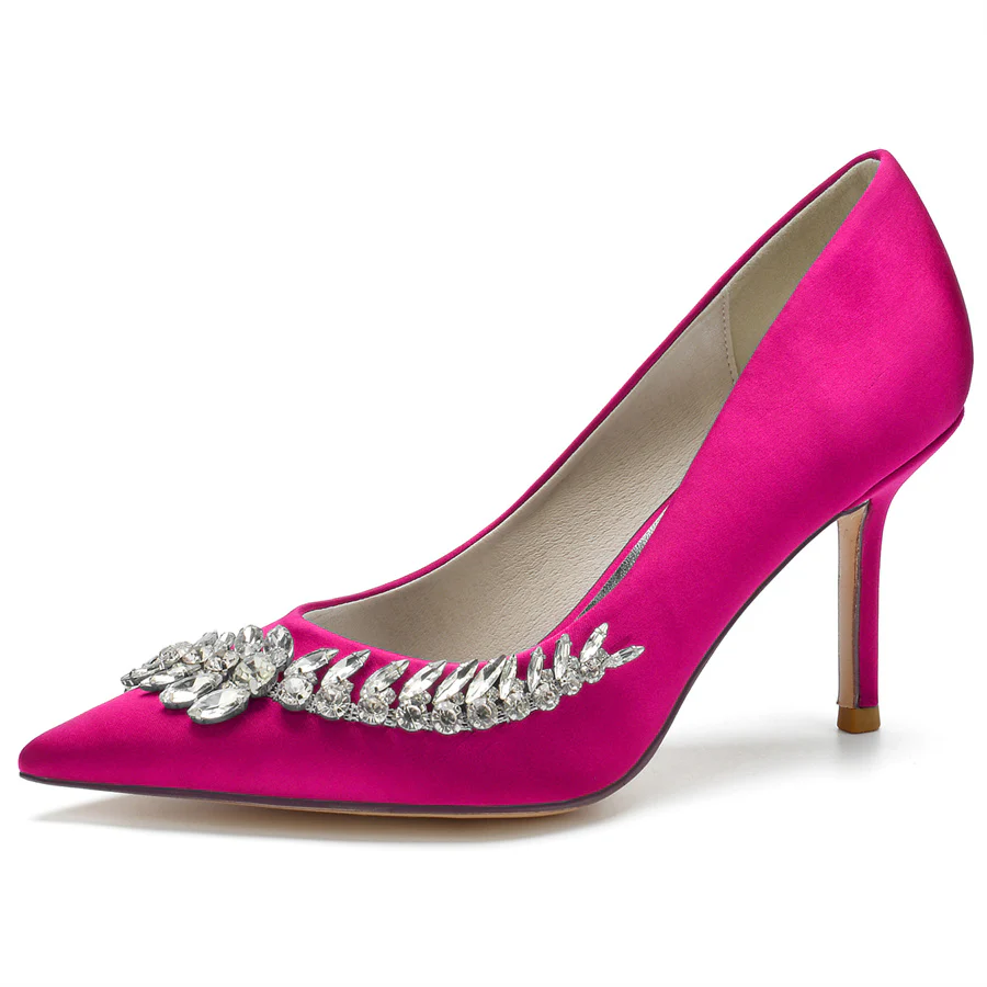 Women's Wedding Pointed Toe Silk Satin Stiletto Heel Bridal Shoes with Long Rhinestones - Image 8