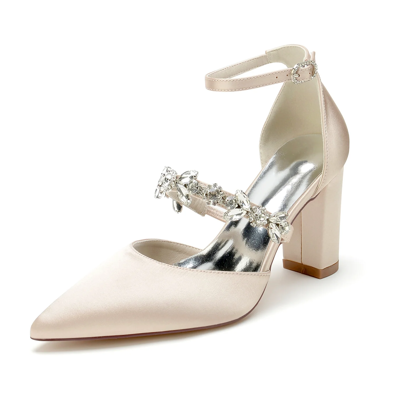 Women's Wedding Rhinestone Block Heel Pointed Toe Bridal Shoes - Image 5