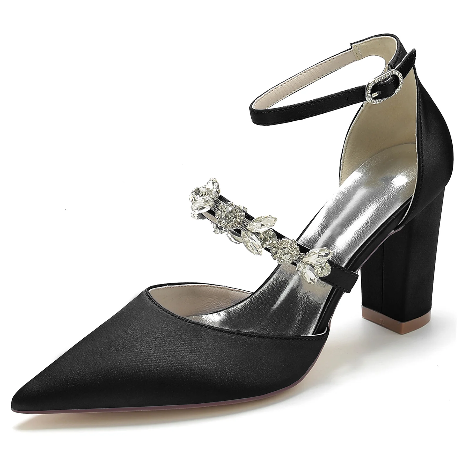 Women's Wedding Rhinestone Block Heel Pointed Toe Bridal Shoes - Image 9