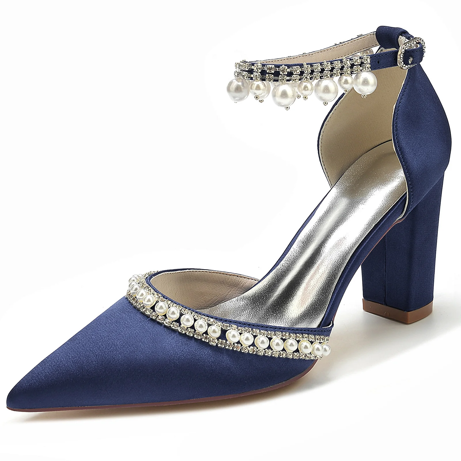 Women's Wedding Rhinestone Pearl Block Heel Pointed Toe Buckle Bridal Shoes - Image 10