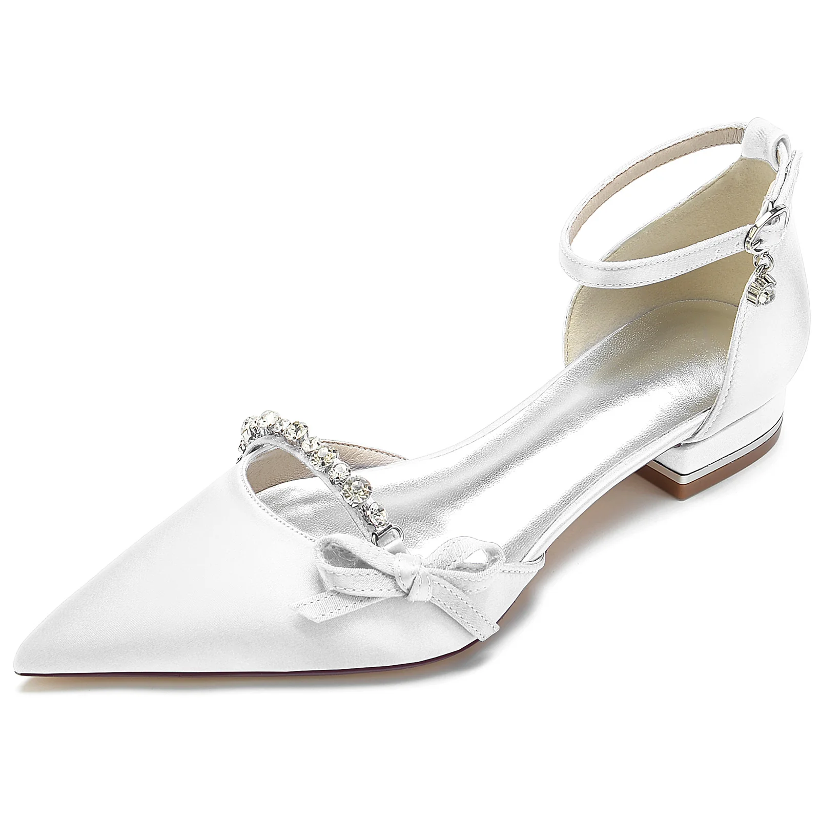Women's Wedding Shoe Crystal Bow Silk Satin Pointed Toe Low Buckle Bridal Shoes - Image 11