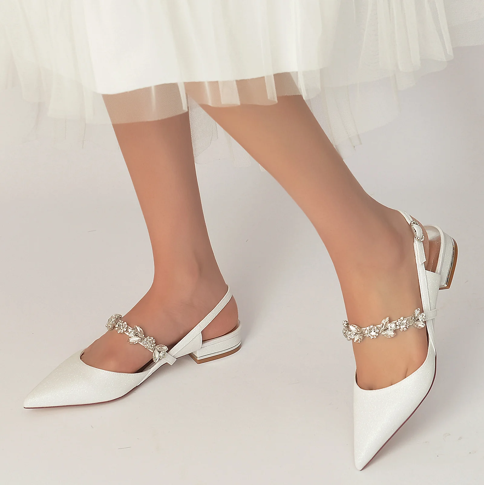 Women's Wedding Shoe Rhinestone Glitter Pointed Toe Low Buckle Bridal Shoes - Image 2