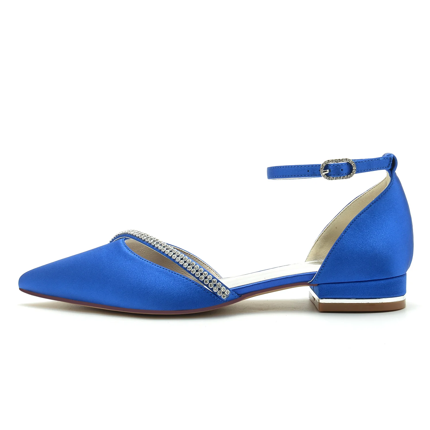 Women's Wedding Shoe Royal Blue Rhinestone Silk Satin Pointed Toe Low Buckle Bridal Shoes - Image 10