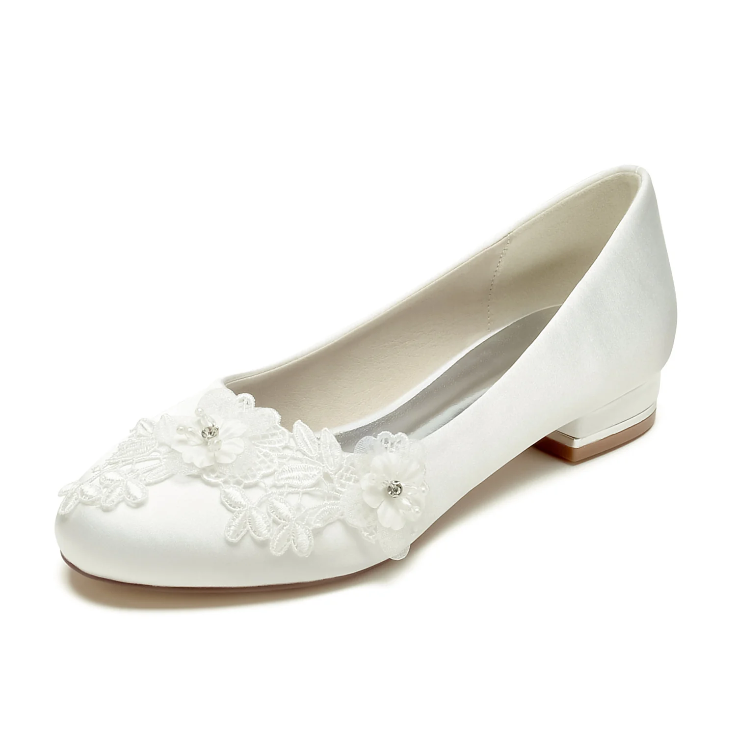Women's Wedding Shoes Applique Flower Low Heel Closed Toe Bridal Shoes - Image 7