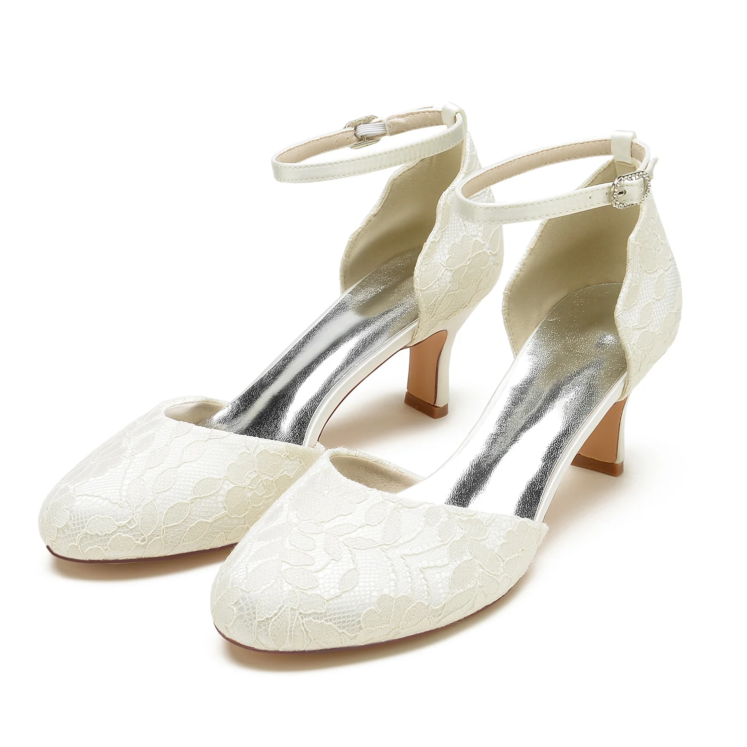 Women's Wedding Shoes Applique Lace Mid Heel Closed Toe Buckle Bridal Shoes - Image 2