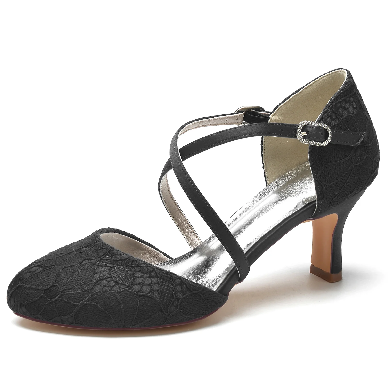 Women's Wedding Shoes Appliques Lace Mid Round Toe Crystal Buckle Bridal Shoes - Image 6