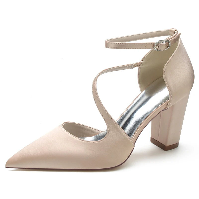 Women's Wedding Shoes Black Closed Toe Block Heel Crossed Straps Buckle Bridal Shoes - Image 13