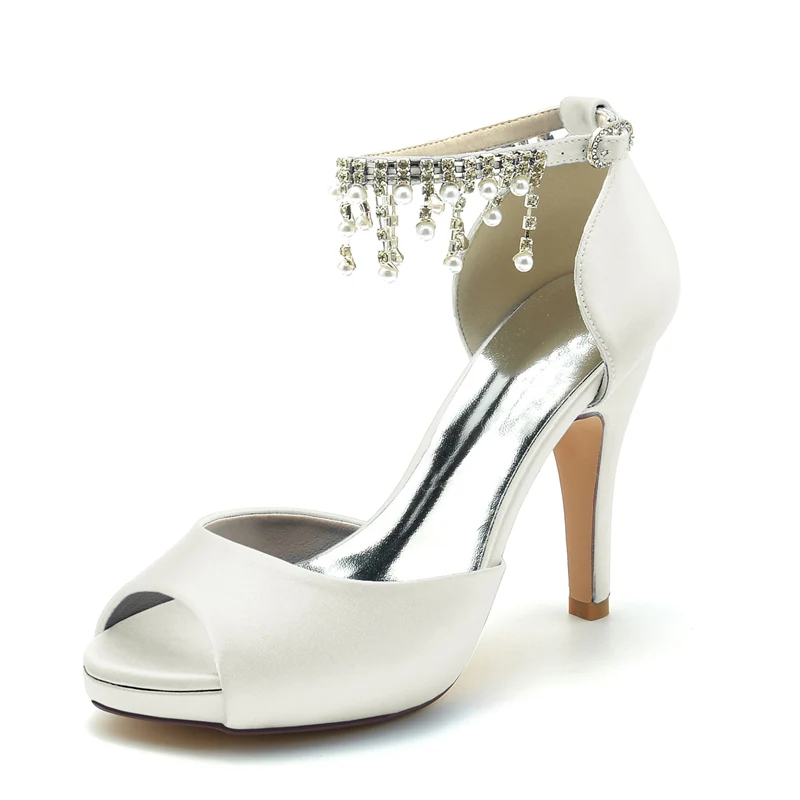 Women's Wedding Shoes Black Peep Toe Thick Sole Buckle Bridal Shoes with Pearl Tassel - Image 9
